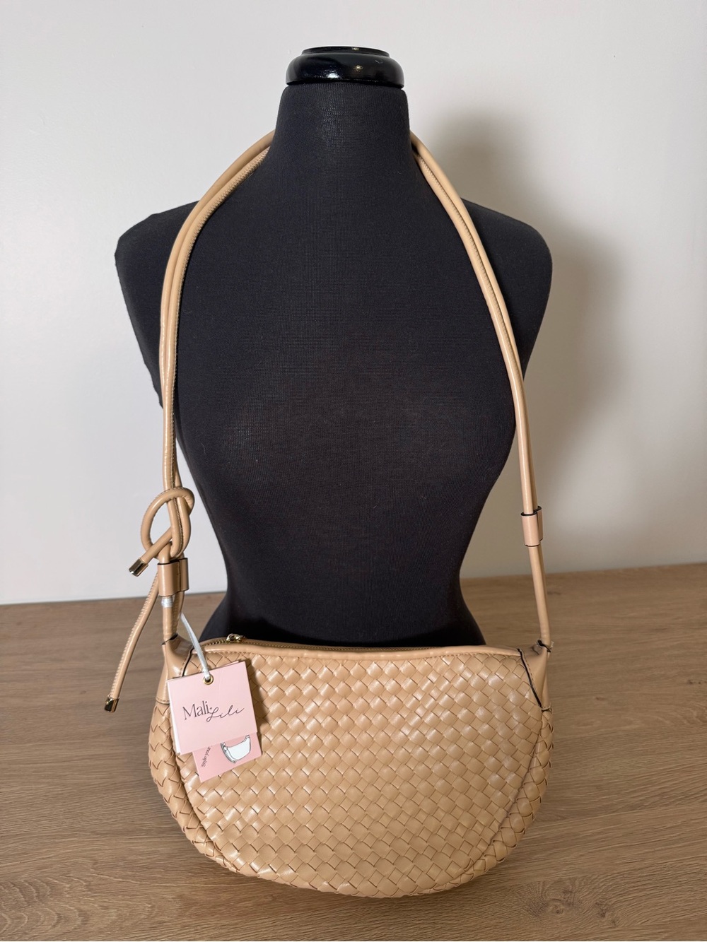 Woven Half-Moon Crossbody Bag in Tan